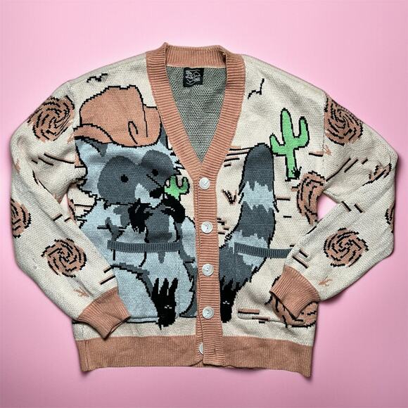 STEADY HANDS Outlaw Cardigan Size XS Fits M Raccoon Cowboy Knit Pastel Skater - Picture 1 of 6
